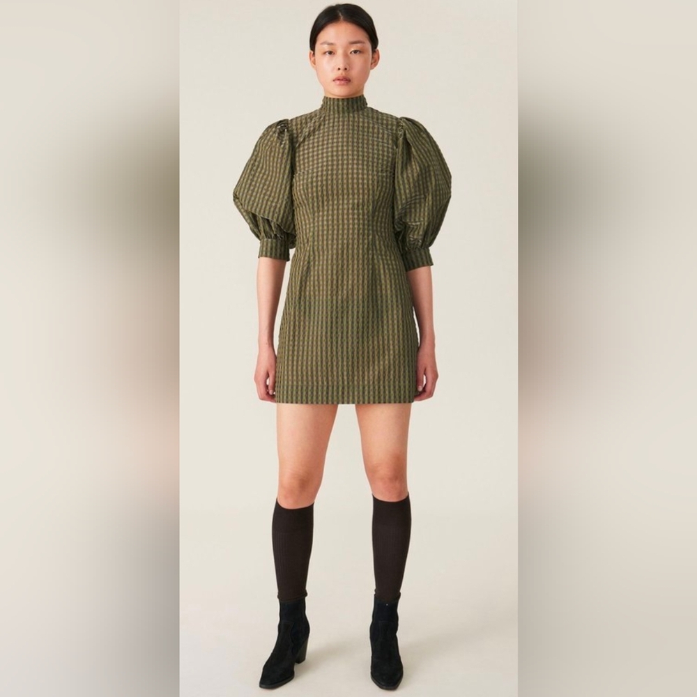 NWT GANNI Seersucker Check Mini Dress Kalamata